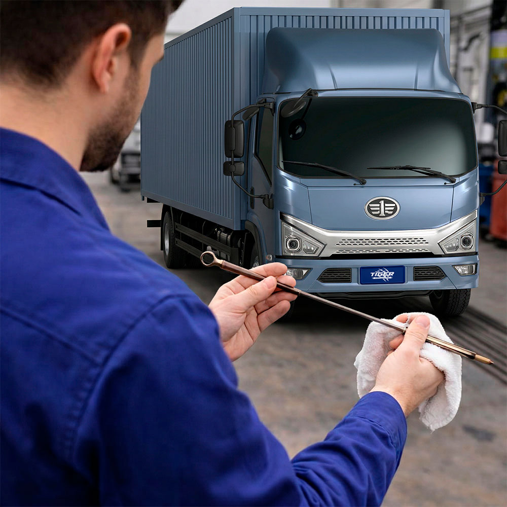 Técnico FAW realizando el mantenimiento preventivo de un camión